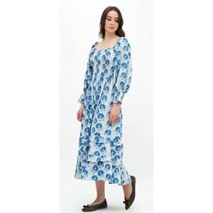 OLIPHANT Smocked Top Ruffle Midi Dress Morrison Blue Long Sleeve Tuckernuck XS